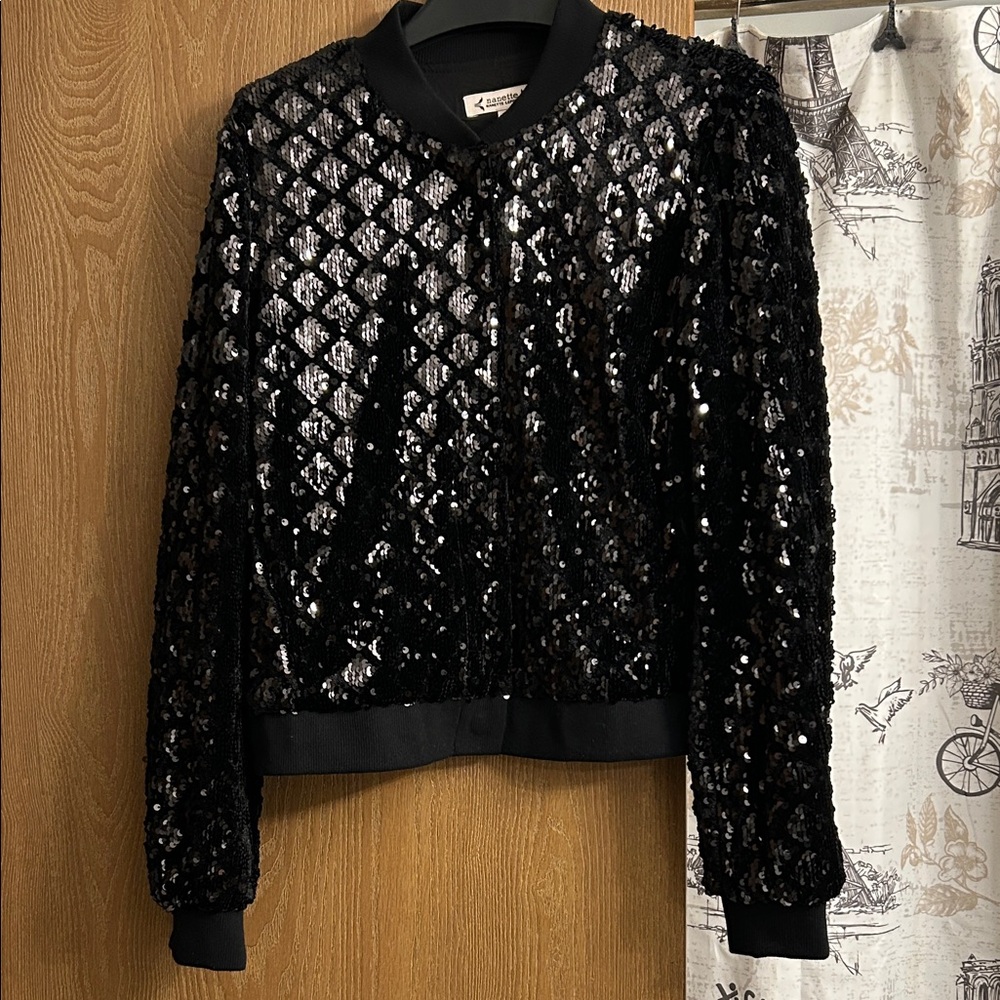 Nanette Lepore Black Sequin Bomber Jacket